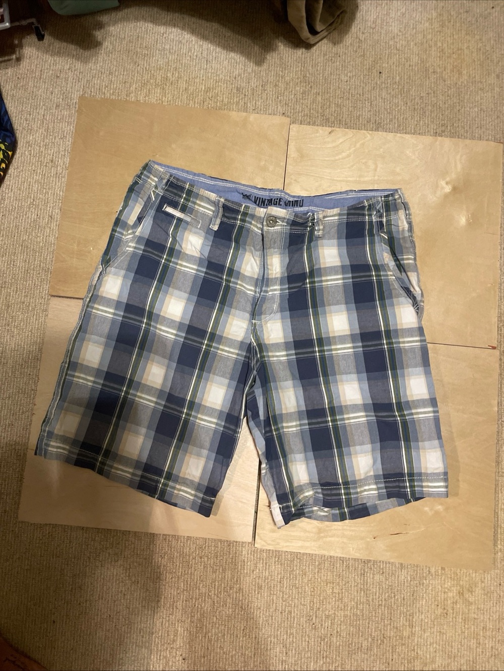 Vintage Blue and White Plaid Men’s Flat Front Shorts